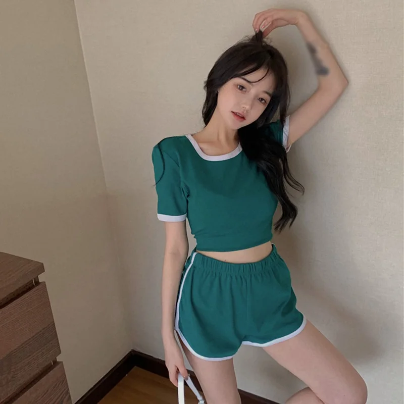 

1 PCS Suit Women's Casual Crop Top High Waist Shorts Sports Slim Tops Hot Pants Set Korean Style Suits