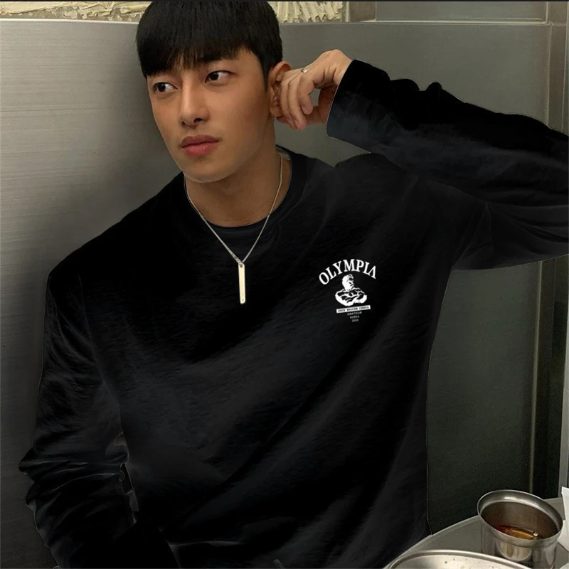 

2021 Men New Loose Gyms Long Sleeve Shirts Bodybuilding Casual Fashion Printed T-shirt Male Workout Fitness Black Tee Shirt Tops