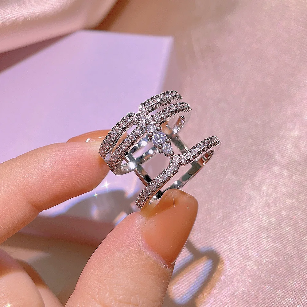 

Hot Sale 925 Sterling Silver Multi-layer Clear Micro Cubic Zirconia Wedding Party Rings for Women Jewelry Valentine's Day Gifts