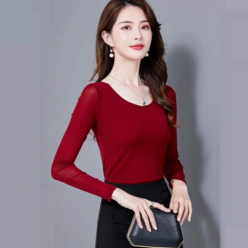 

Осенняя Женская одежда, Офисная Женская Сетчатая футболка, привлекательная женская футболка, женская модная футболка, большие размеры XXXL