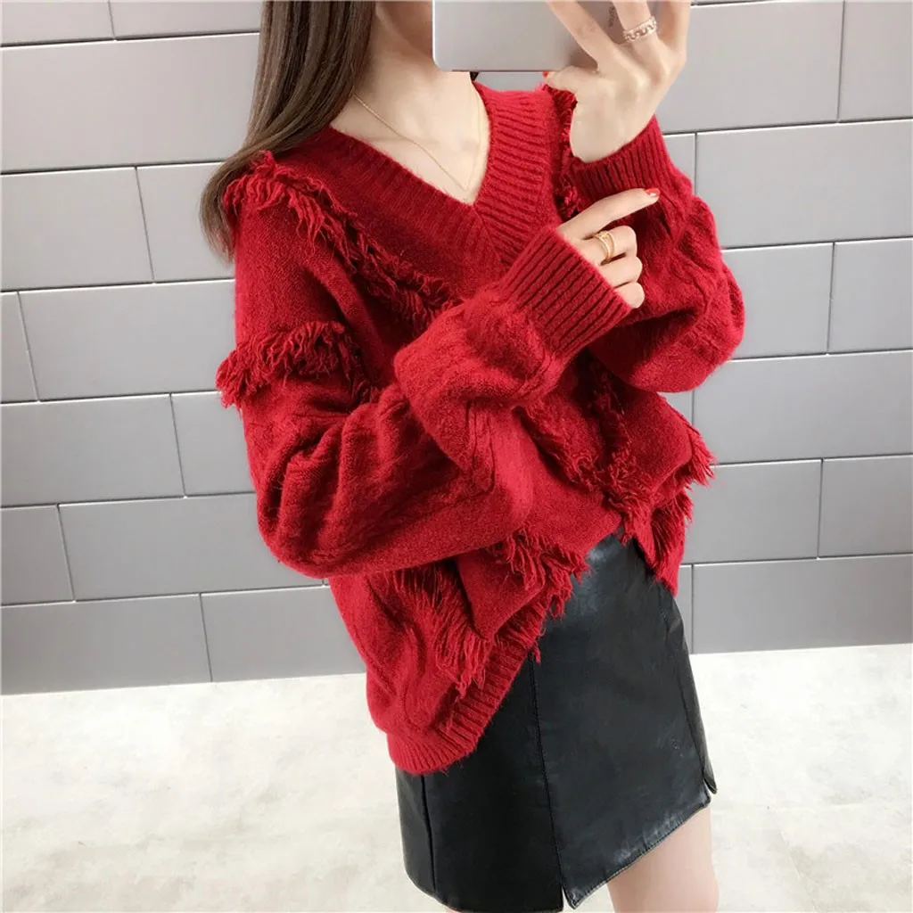 SAGACE 2020 New Autumn Winter Fringe Casual Knitted Sweater Ladies Elegant Long Sleeve V-neck Women Pullovers Tops Street Pop | Женская