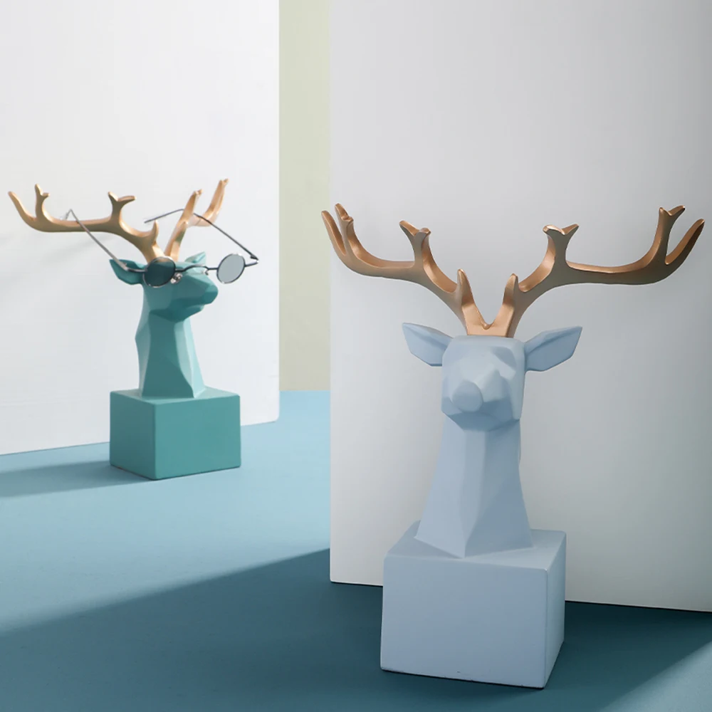 

Deer Head Resin Figurine Key Glasses Hanger Hook Rack Home Decoration Statue Living Room Decor Sculpture Office Ornaments Craft