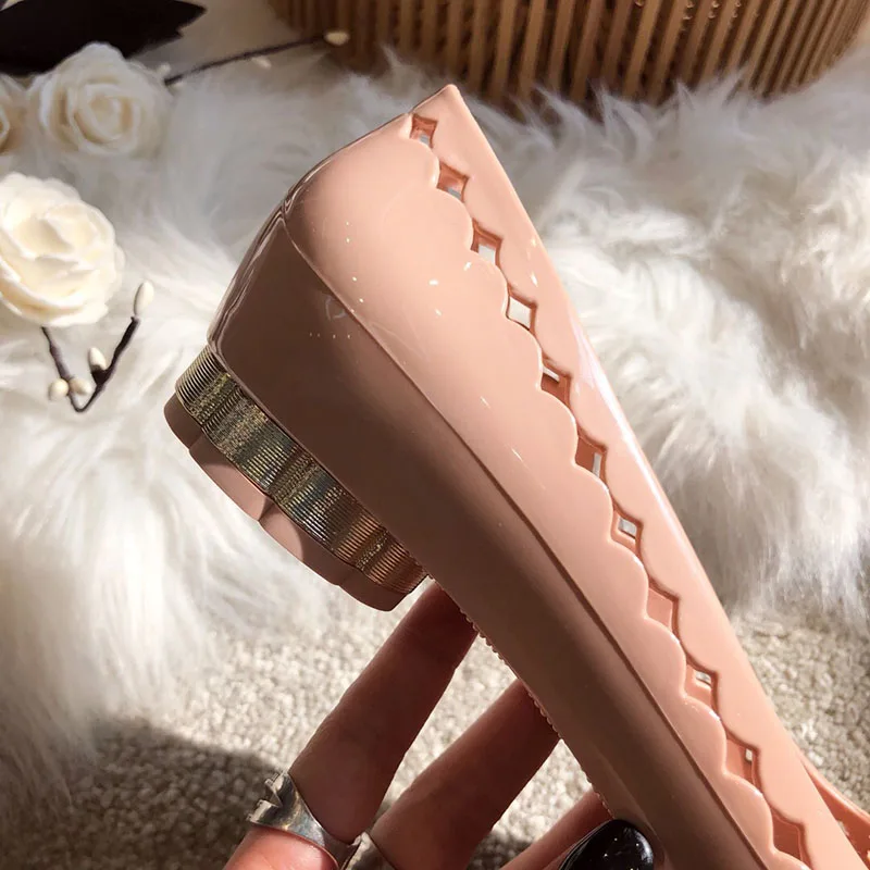 Women Dress Shoes Peach Peacock Flats Metal Drop Shipping Hollow Out Slip On Jelly Round Toe Bow Breathable Cute Patent Leather