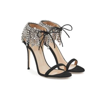 abesire new sandals rhinestone thin high heels crystal lace up sandals woman black summer shoes fashion lady stilettos big size