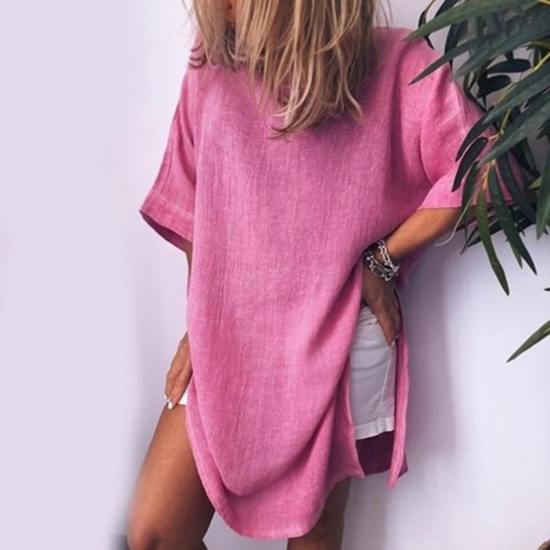 Повседневное свободное одноцветное хлопковое льняное модное платье летнее