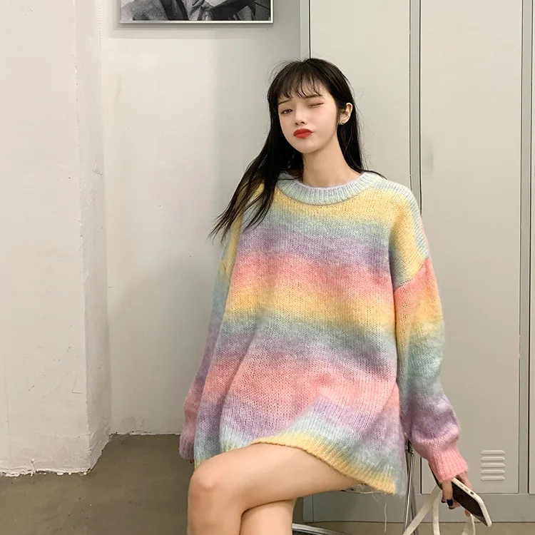 

Long Sleeve Rainbow Stripe Sweater Pullover Japanese Korean Loose Lazy Wind Knitting Woman Cardigan Turtleneck Feminino