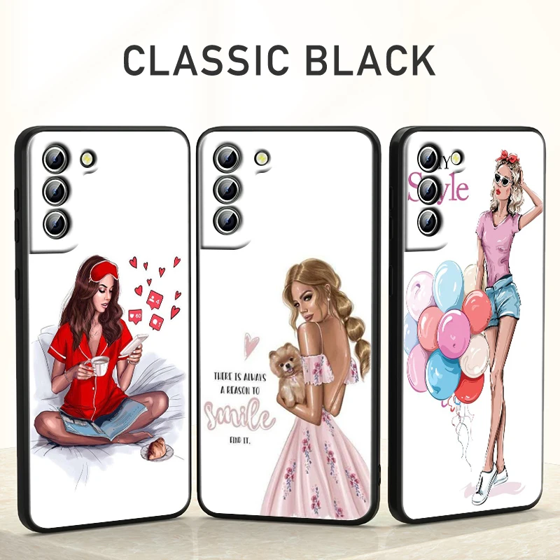 

Fashion Women Girls for Samsung Galaxy S22 S21 S20 S10 Note20 Ultra Pro Plus FE Note10 4G 5G Black Phone Case Coque