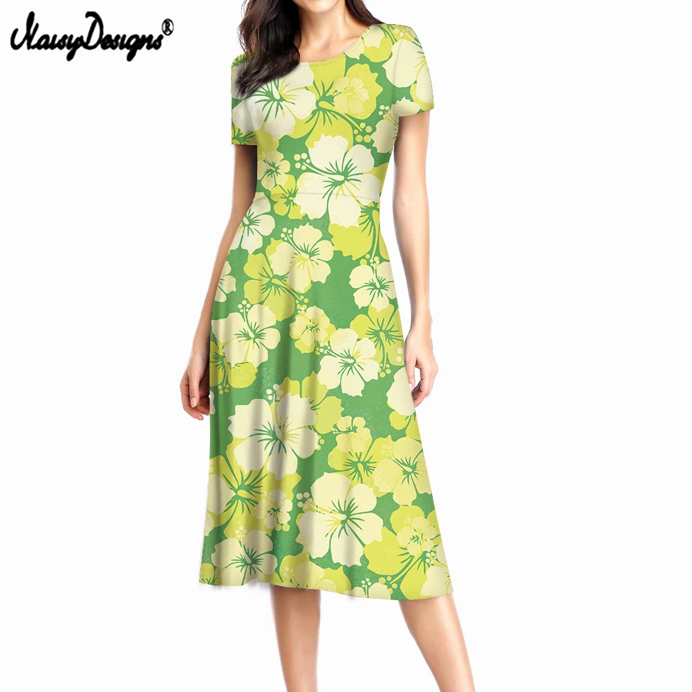 

NOISYDESIGNS 2021 Summer Women Dress Round Neck Short Sleeve Ladies Midi Dress Hibiscus Flower Printing Female Clothes Vestidos