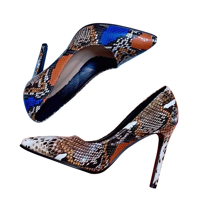 

Snake Printing Leather Women Super High Thin Heels Sexy Ladies Pointed Toe Stiletto Slip on Green Pumps Party Shoes Big Szie