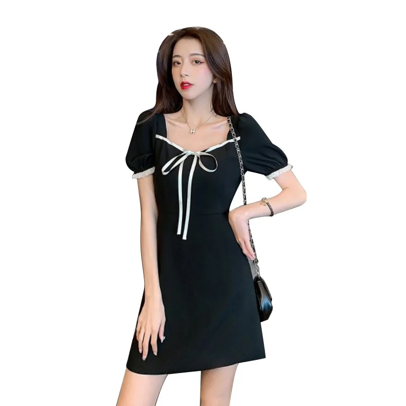 

Summer 2021 New Women's French Tea Break Square Collar Dress Design Feeling Sweet Temperament Black Dress Harujuku Dress