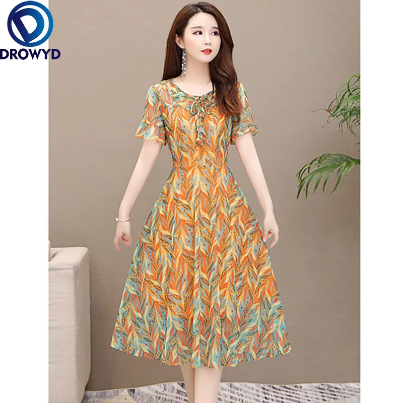 

Women Chiffon Elegant Floral Print Dress for Women Loose O-neck Short Sleeve A-Line Orange Midi Dresses Bodycon Party Vestidos