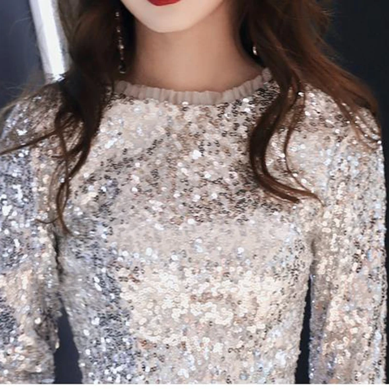 

Evening Dress Elegant O-neck Evening Dresses Silver Sequins Formal Gowns Long Half Sleeve robe de soiree Women Prom Dresses
