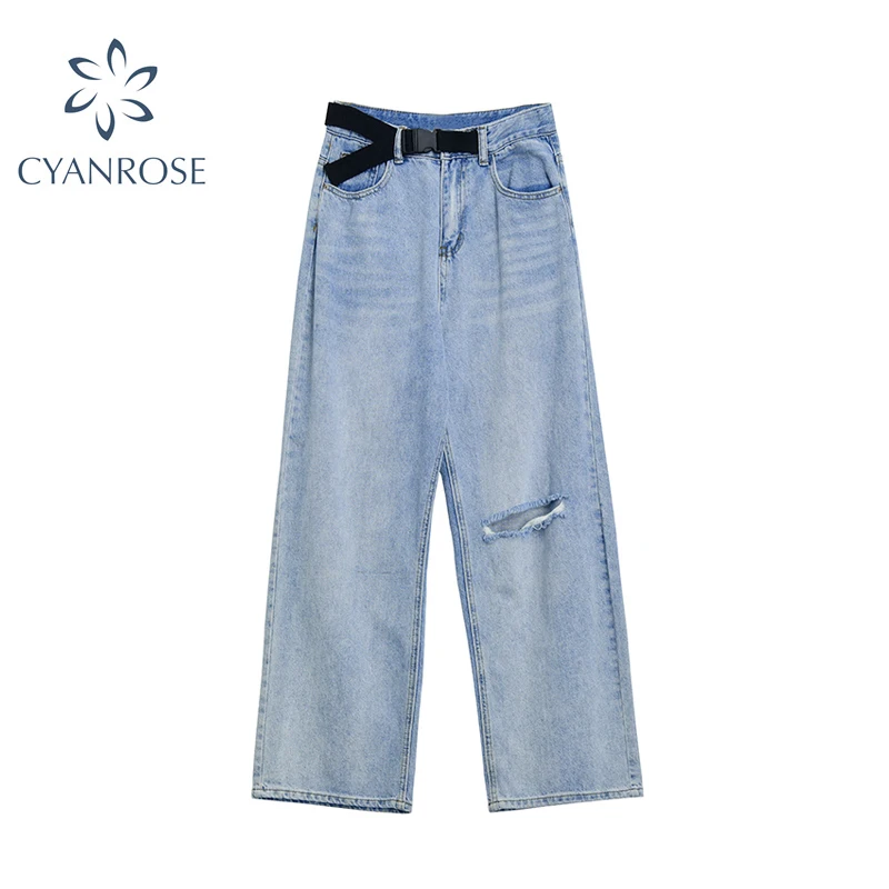 

High Waist Ripped Jeans Women's Streetwear with Belt 2020 Autumn Winter Fashion Vintage Denim Pants Loose Wide Leg Jeans Women