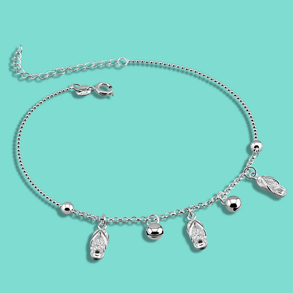 

Summer Fashion Jewelry Women 925 Sterling Silver Anklet Cute Slippers Pendant Design Solid Silver Ankle Bracelet Beach Jewelry
