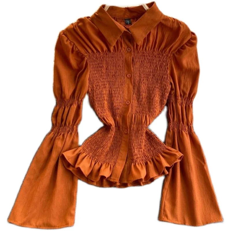 

Net red spring shirt women's design sense small trumpet sleeve elastic slim Pleated Chiffon Long Sleeve women's top