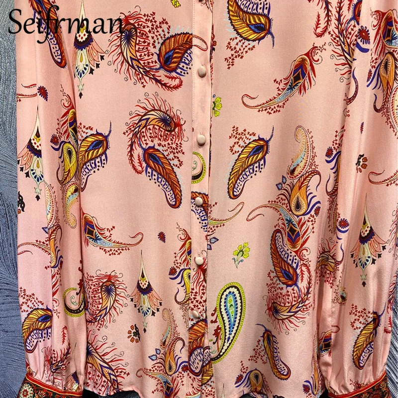 

Seifrmann Autumn Women Fashion DesignerShirt Lantern Sleeve Vintage Printed Loose Cardigan Blouses High Quality Real Silk Tops