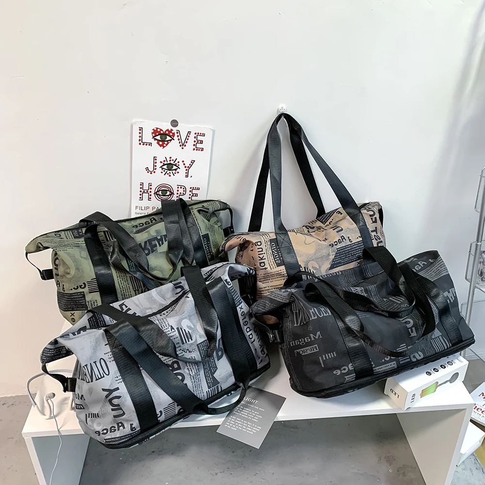 

Fashion Newspaper Print Tote Shoulder Bag Folding Nylon Large Capacity Waterproof Travel Bag Handbags Fitness Gym Unisex Bolsas