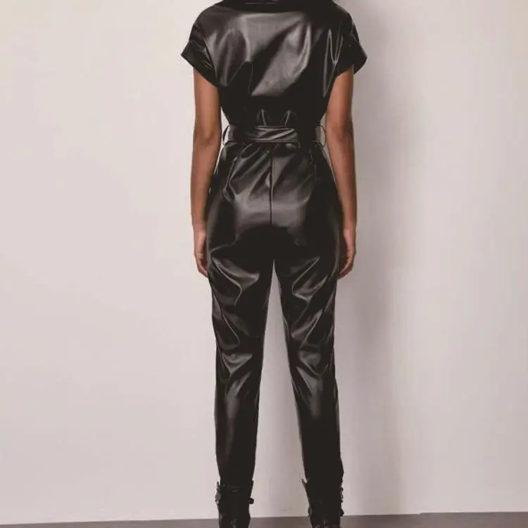 

Long Black Faux Leather Jumpsuit Women Long Sleeve Zipper Plus Size Pu Leather Jumpsuits With Belt For Women 2021 Streetwear