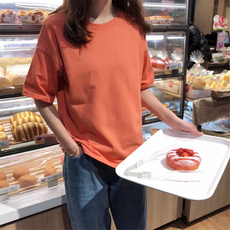 

Solid Color T-shirt Women 2021 Summer New Fashion Casual Loose Top Round Neck Short Sleeve Black White Shirt Female LR1181