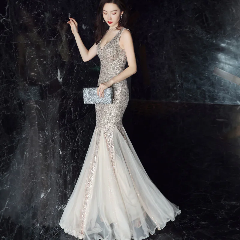 Серебряное Золотое блестящее платье макси с блестками элегантное длинное