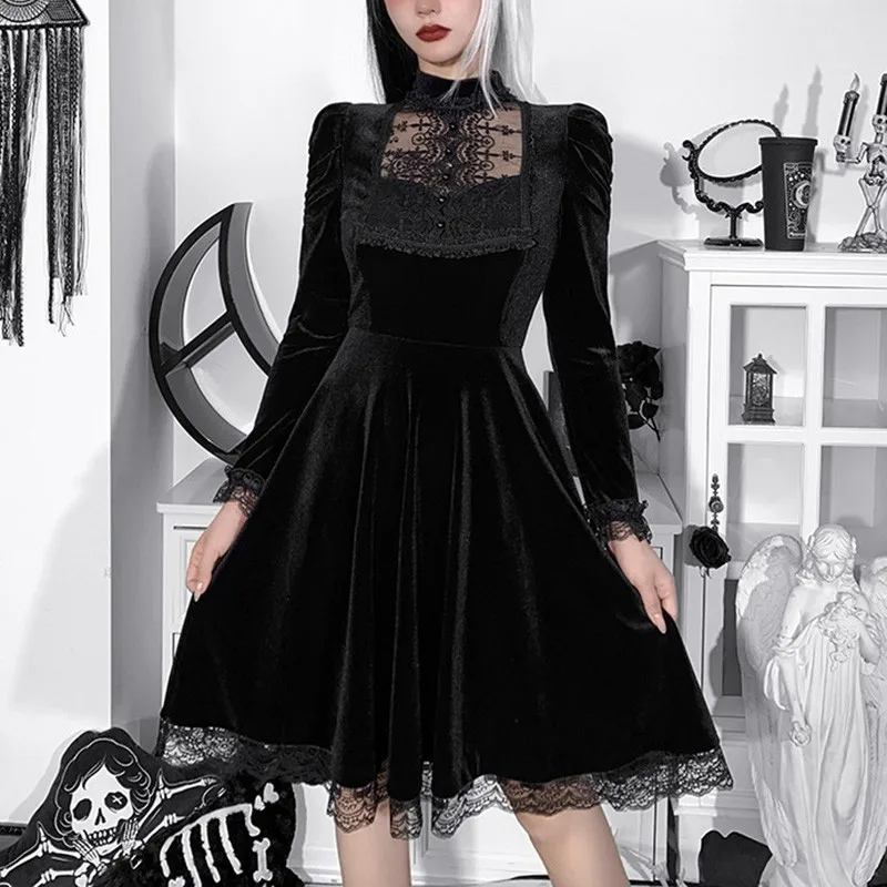

Женское платье с длинным рукавом, черное готическое кружевное лоскутное платье в стиле панк, осенний костюм для вечевечерние, уличная одежд...