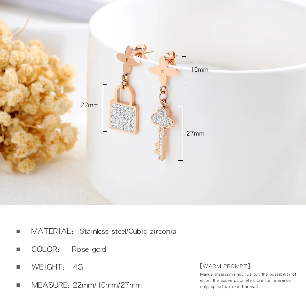 

Cyue Fashion Key Lock With Pave AAA CZ Rose Gold Plated Stainless Titanium Steel Stud Earrings For Women Gift Jewelry