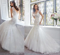 free shipping v neck romantic bridal boda 2016 casamento crystal beading vestido de noiva sexy lace mermaid wedding dress bride