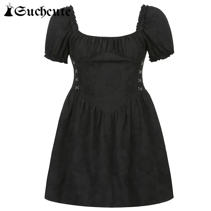 

SUCHCUTE Vintage Gothic Black Print Women Dresses Party Elegant Short Sleeve Slim Clubwear Outfits Aesthetic 2000s Cute Dresses