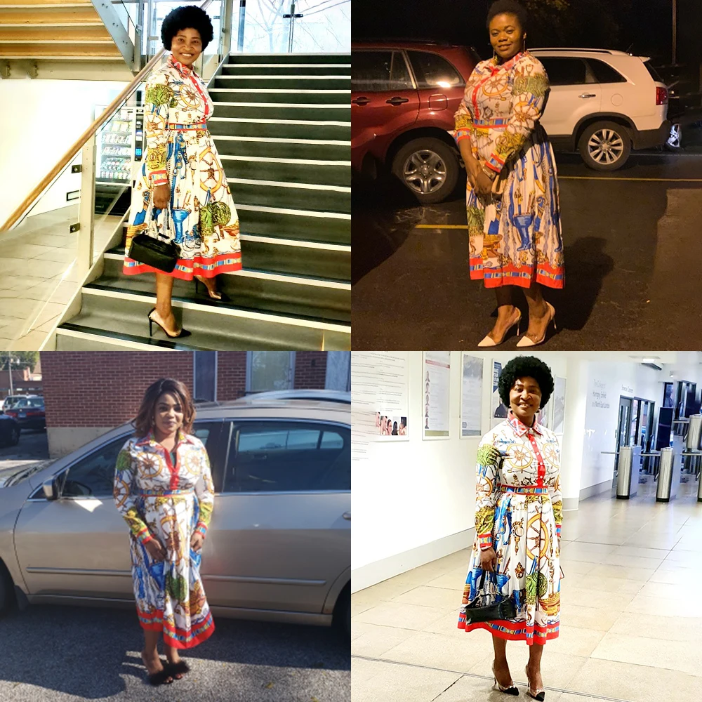 

Summer Fall Lapel Mid-Calf High Waist Dress Big Plus Size Geometric Printed Elegant Office Ladies Tunic Pleated Midi Dress Y2K