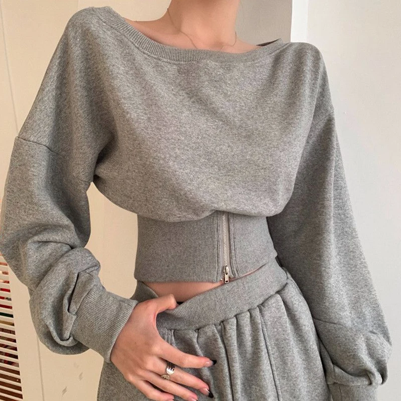 

Korean O Neck Long Sleeve Zipper Wrap Slim Casual Pullovers Crop Top High Waist Joggers Hollow Out Harem Pants 2021 Autumn New