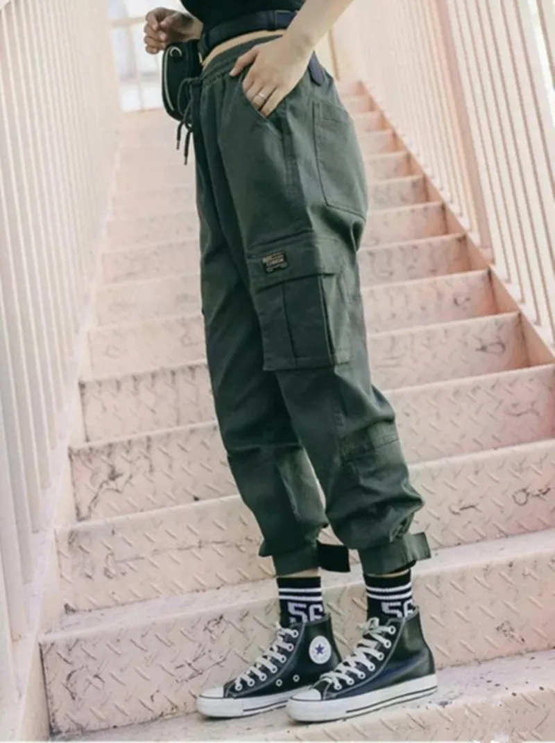 harajuku zipper streetwear women casual harem pants with chain solid black pant cool fashion hip hop long trousers capris | Женская