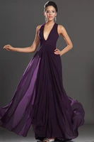 sexy deep v neck long new purple halter court train chiffon princess with pleating formal robe de soiree bridesmaid dresses