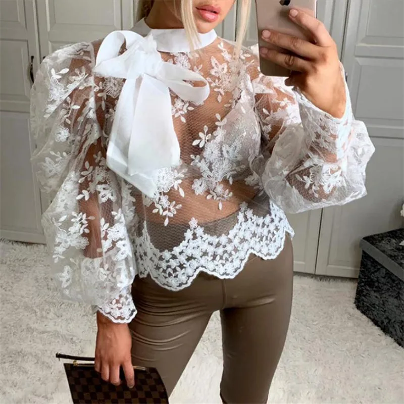 

Women Sexy Lace Embroider Mesh Blouse Puffed Sleeve Blouse Shirts Long Sleeves Bow Tie Collar Shirt Female Loose Tops Wear Fall