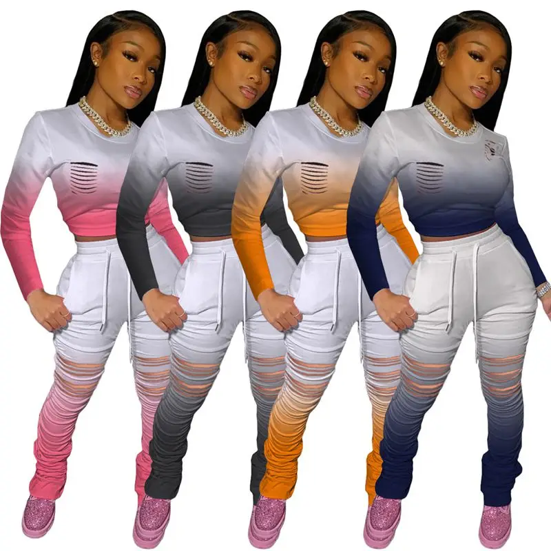 

HAOYUAN Gradient Print Hole Two Piece Set Tracksuit Women Fall Clothes Crop Top Stacked Pants Lounge Wear Outfits Matching Sets