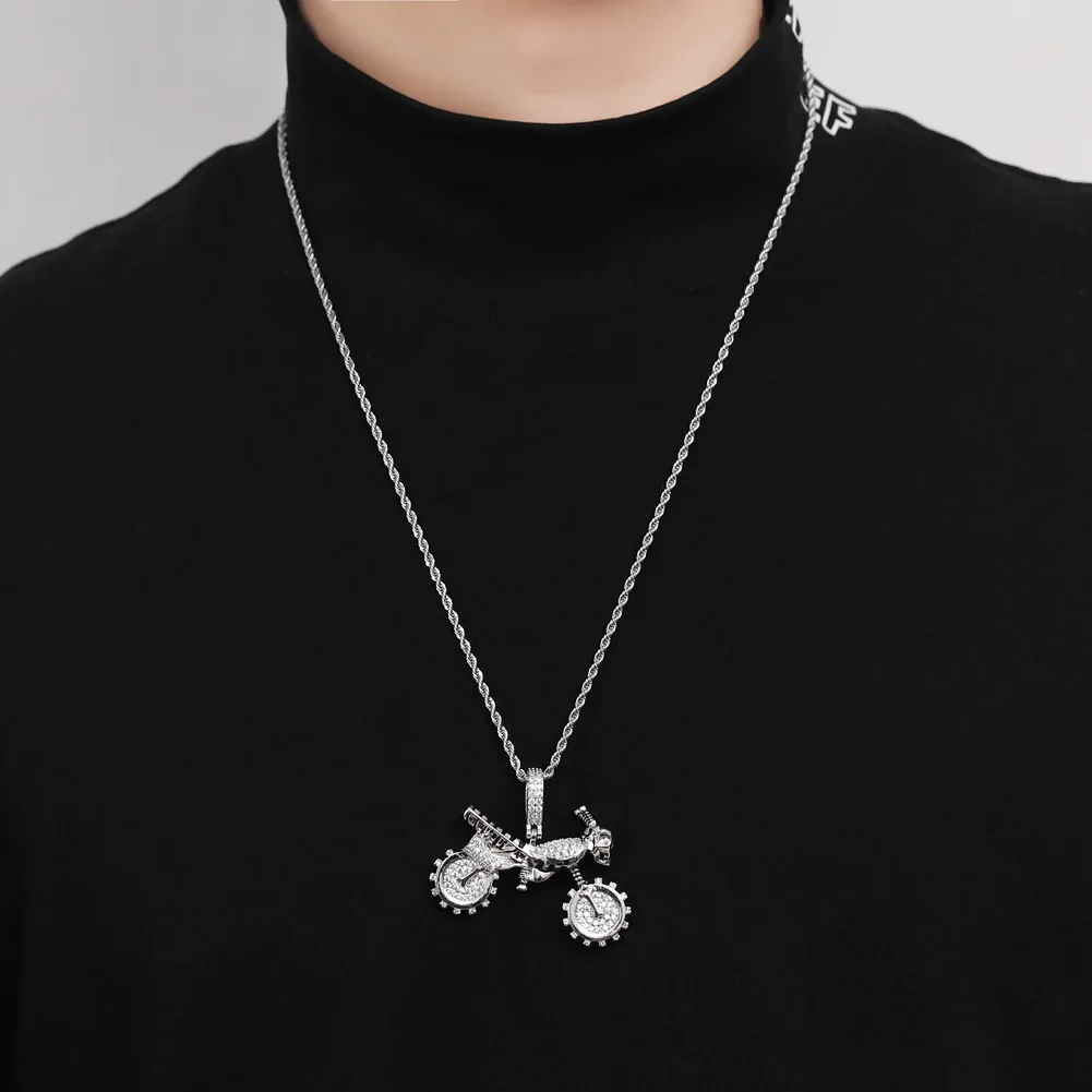 

Hip Hop Motorcycle Pendant Necklace Iced Out Full AAA Zircon Motorbike Punk Jewelry Gift For Men Women 2 Colors