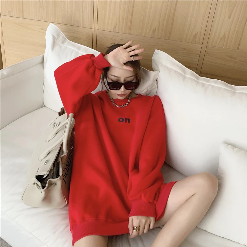 

Qooth Trendy Winter Autumn Women's Loose Long Length Sweatshirt Letter Tops Full Sleeve Lantern Sleeve Plus Vevet QT345