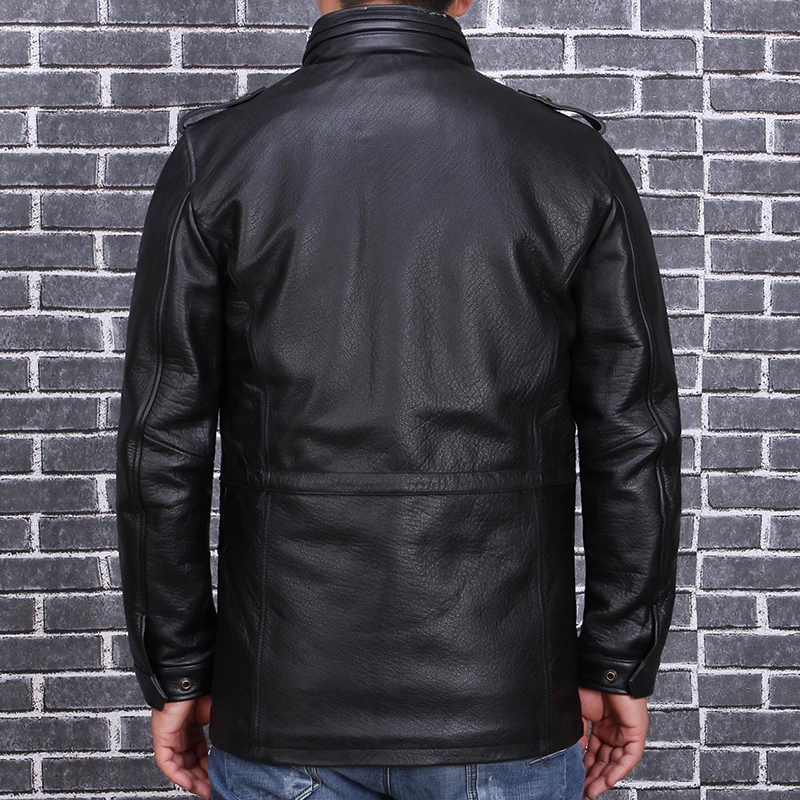 Мужская кожаная куртка в стиле милитари черная длинная зимняя из натуральной