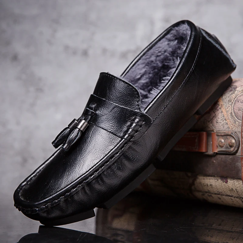 

Мужские лоферы с мехом; кожаная мужская обувь; сохраняющие тепло мужские мокасины; мужские лоферы на плоской подошве без застежки; Плюшевые ...