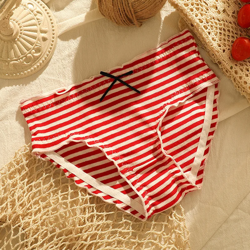 

HOT 3pcs Underwear Cotton Comfortable Ear Edge Striped Bow Girl Student Pants Middle Waist Breathable Women's Triangle Panties
