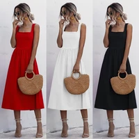 hot selling spring square collar womens summer sundresses concise style solid color white dress a line mid calf midi dress 2021