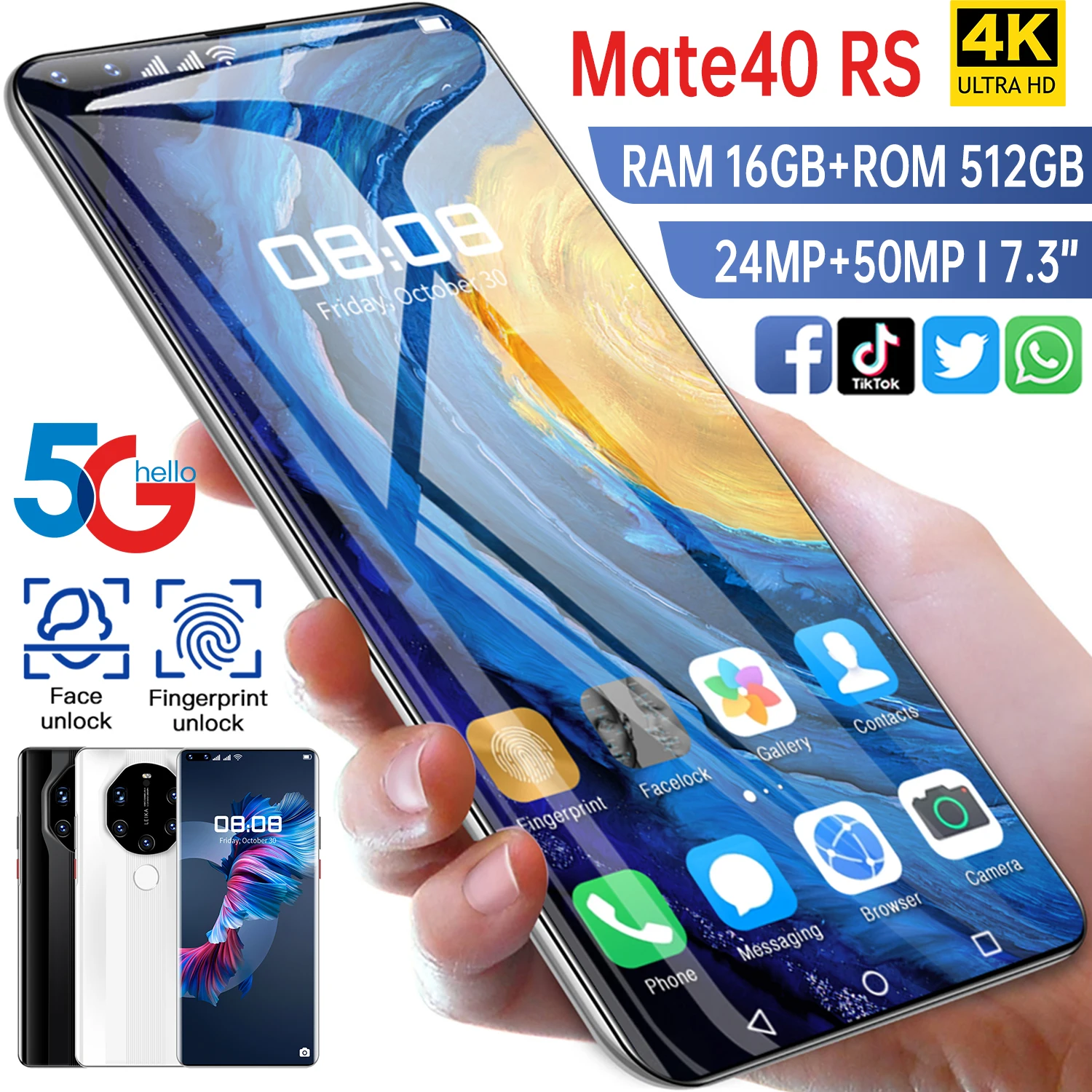 

2021 New Smartpone Mate40 RS Global Version Smartphonr 16G 512G Android10 Unlocked 6800mAh Dual SIM 4G 5G Network Mobile Phone