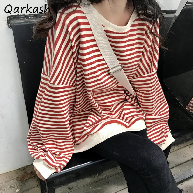 

Sweatshirts Women Striped Loose 3 Colors Spring Ulzzang Sweet College All-match Simple Daily Female Leisure Clothing Fashion Ins