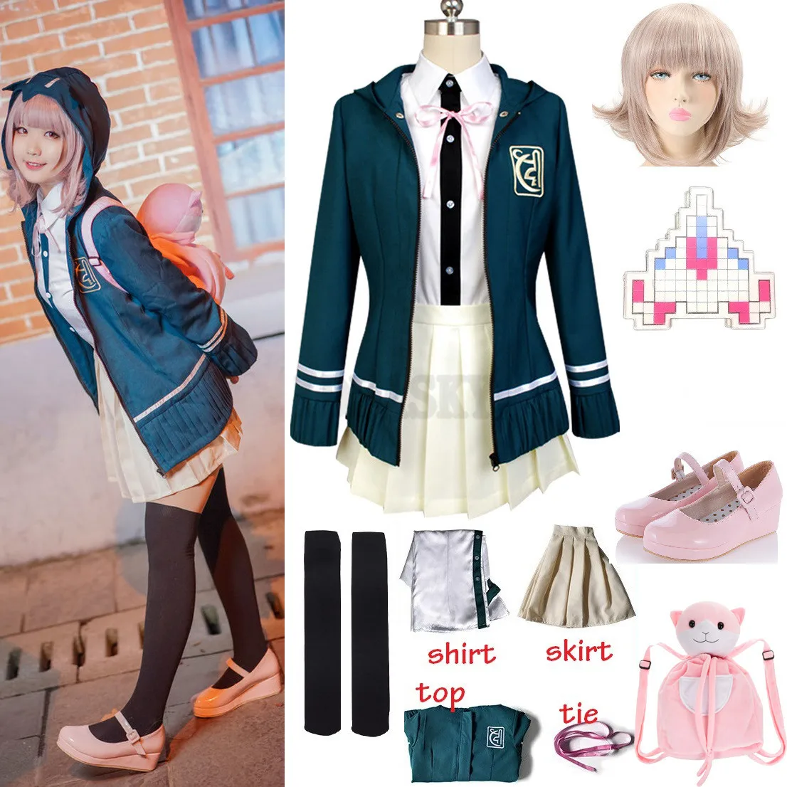 Аниме Danganronpa Чиаки Нанами форменная куртка рубашка парика полный комплект