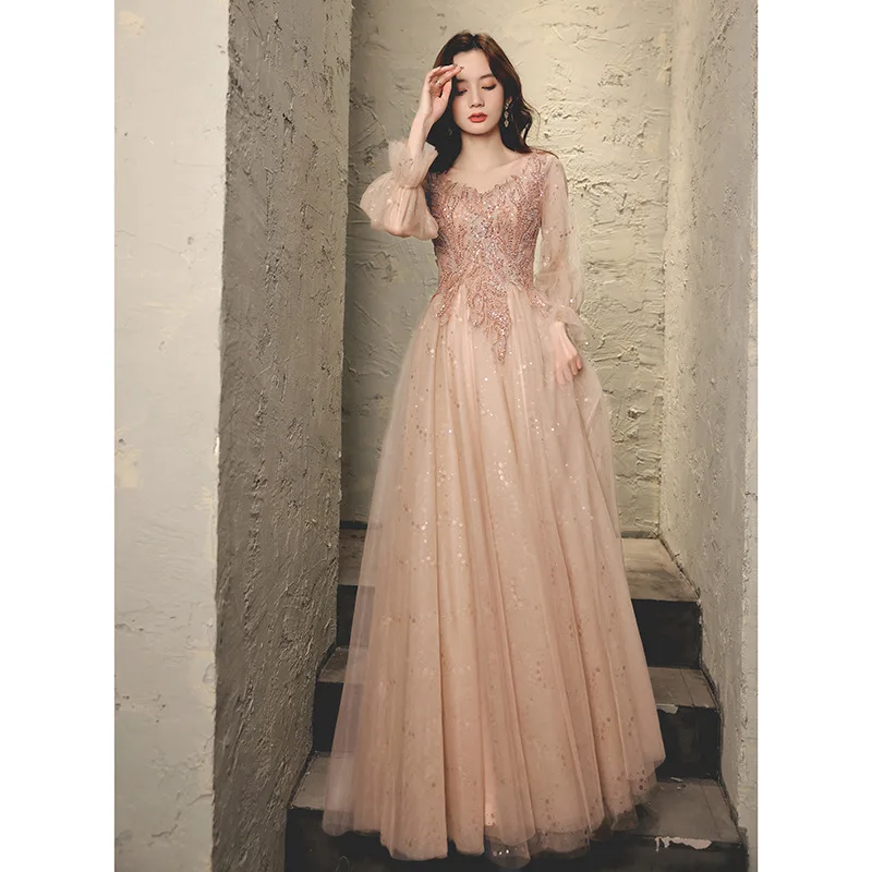 Fairy Pink Long Sleeve Female Cheongsam Dreamy Bling Sequins Mesh Qipao Exquisite Floral Maxi Host Banquet Robe De Soiree
