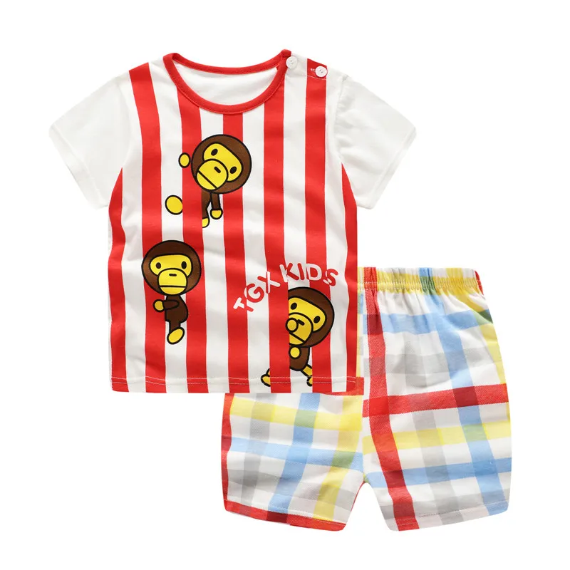 Unini-yun 2019 Summer Baby Boy Clothes Newborn Striped Cartoon Monkey Tshirt + Shorts Set Girls Clothing | Детская одежда и обувь