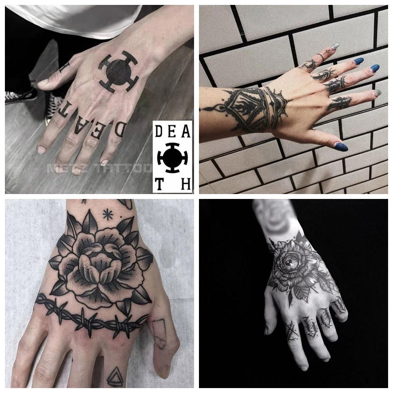

New Dark Flower Temporary Tattoo on Hand Sticker for Men Women Waterproof Durable Tattoo Cool Art Hand Back Finger Fake Tattoo