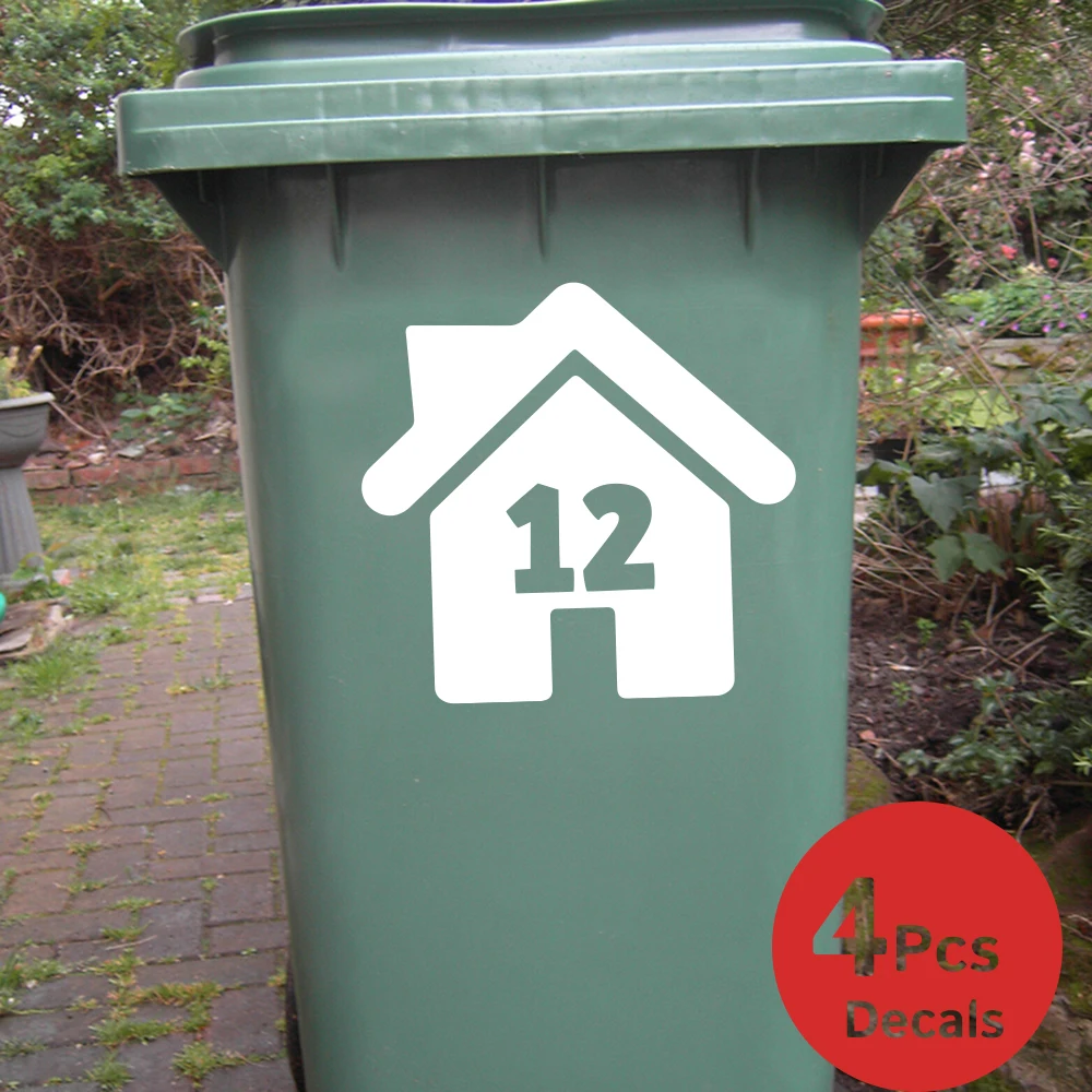 

Set of 4 Custom Street House Number Sticker Rubbish Trash Can Wheelie Bin House Number Stickers Decal Vinyl Garage Home Decor