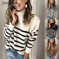 janevini 2021 elegant striped high collar women knitted sweater pullover autumn spring casual button top female jumper sweaters