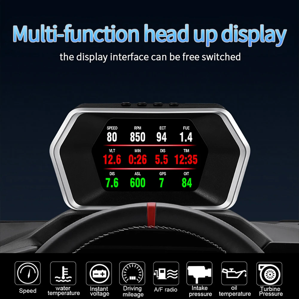 

Автомобильный Мультифункциональный дисплей OBD2 + GPS, прибор для измерения скорости, температуры и давления воды, с индикатором излучения км/ч...
