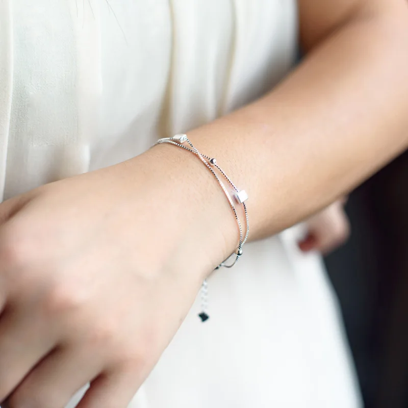 Женский двойной браслет из серебра 100% пробы с бусинами|Гибкие и жесткие браслеты|